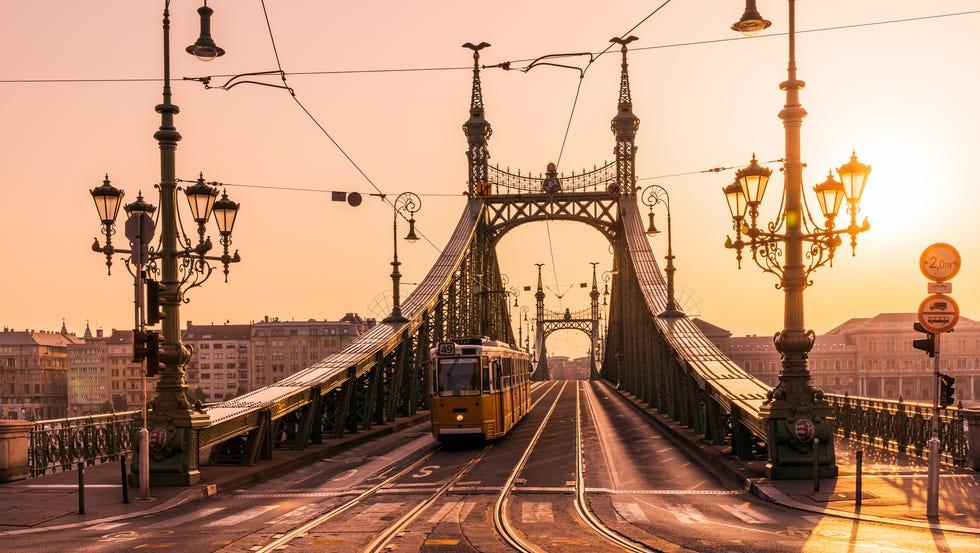 pont de la liberté et tram jaune au lever du soleil, budapest, hongrie