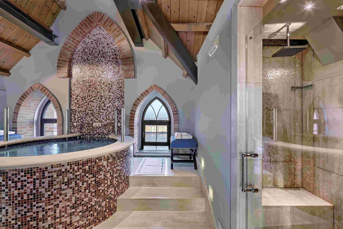 a large bathroom with a large tub